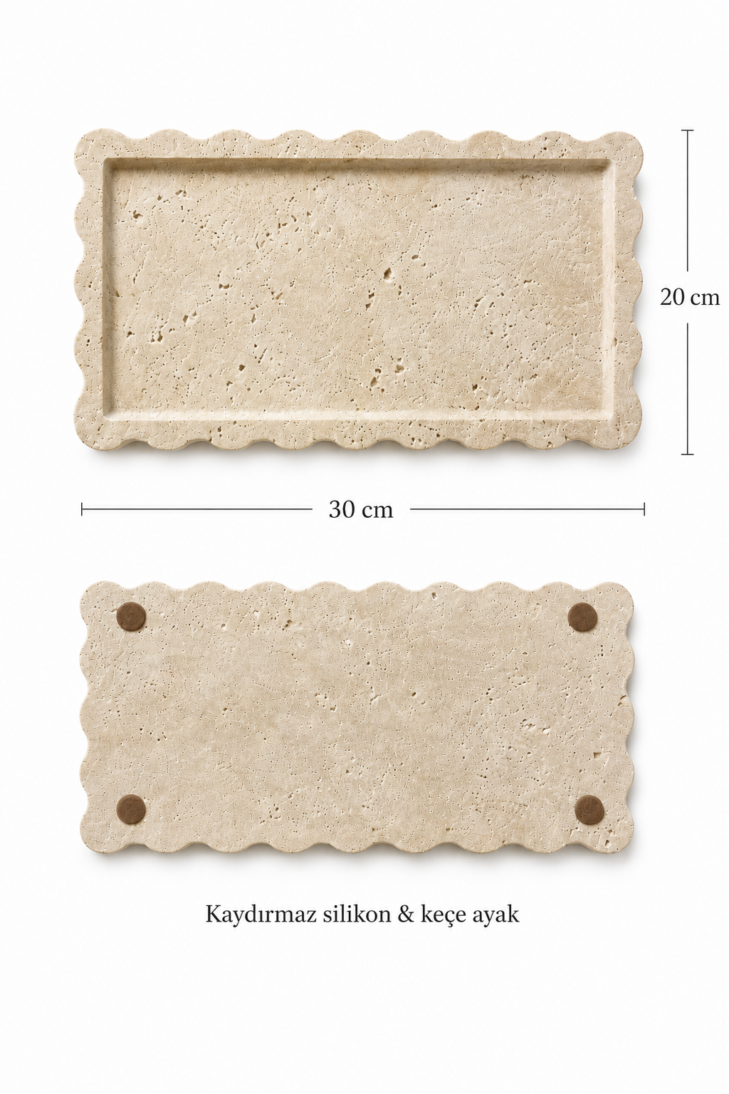 Traverten Dalgalı Kenarlı Dikdörtgen Tepsi - 20 x 30 cm