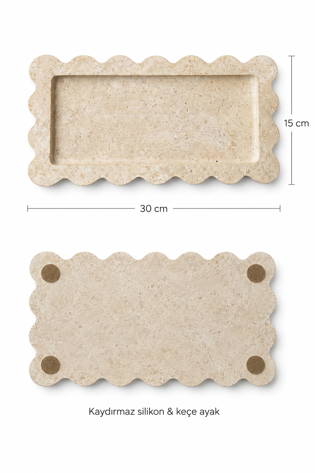 Traverten Dalgalı Kenarlı Dikdörtgen Tepsi - 15 x 30cm